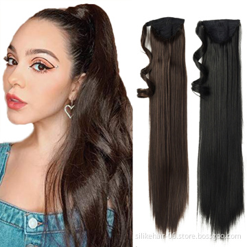 24 inch Brown Black Long Straight Drawstring Ponytail Hairpiece With Hairpins Pony Tail Synthetic Ponytail Hair Extensions